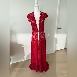 Pie BKLYN Red Long Lace Lingerie Robe / Sheer Duster